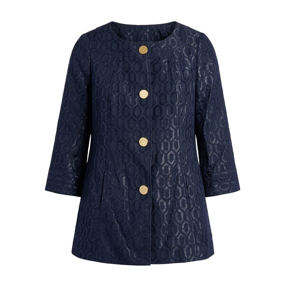 Merona Collection Jacket Women Large Navy Blue Metallic Honeycomb Gold Button
